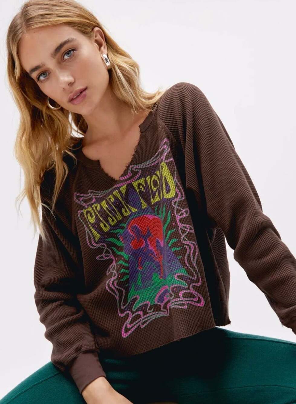 Daydreamer Women's Brown Pink Floyd Cosmic Pyramid Raw Thermal Raglan Long Sleev